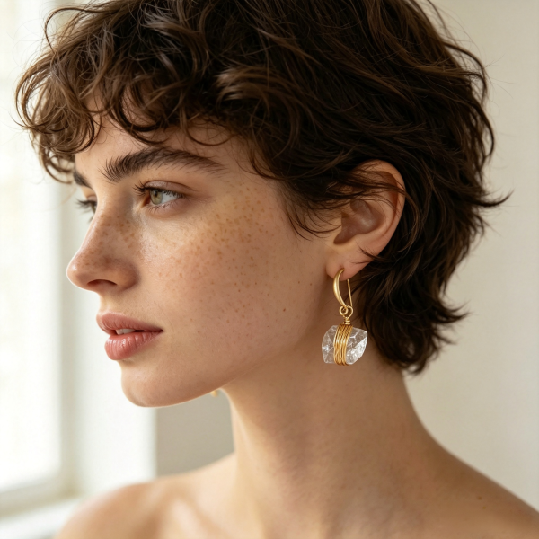 Raw Clear Quartz Gold-Tone Wire-Wrapped Dangle Earrings
